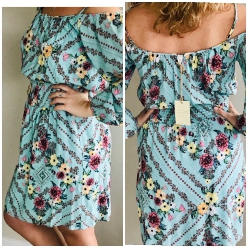 Ella Moon Off The Shoulder Floral Dress Smocked Long Sleeve MIDI Dress S NWT